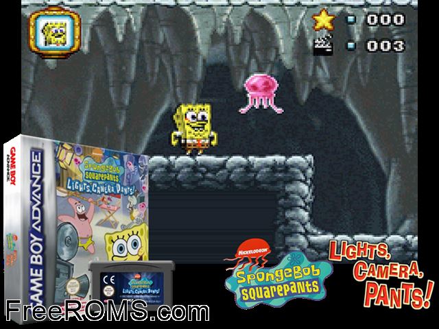 Spongebob Squarepants - Lights, Camera, Pants! Gameboy Advance game showing 3D box cover and gameplay screenshot